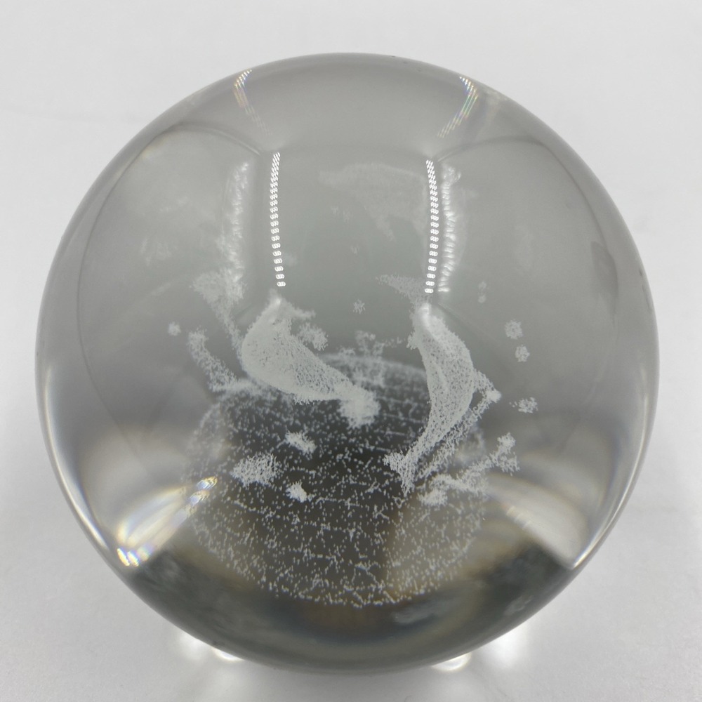 Crystal Ball Clear Glass 3D Laser Etched Dolphins 2 Inch Paperweight Ocean Beach
